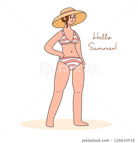 Cute Woman in Swimsuit and Hat. Female Character Beach. Hello Summer. Color hand drawing. Vector illustration 126610558