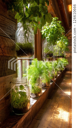Indoor Herb Garden Showcasing Plants in Glass Jars Along Wooden Windowsill 126610666