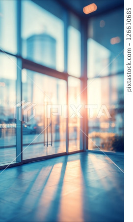 Modern Office Interior With Sunset View Through Large Glass Windows 126610685