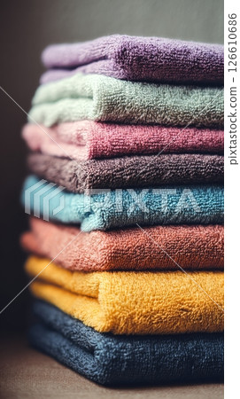 Soft, Colorful Towels Neatly Stacked in a Cozy Interior Setting on a Wooden Surface 126610686