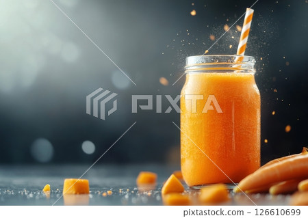 Freshly Prepared Carrot Juice Served in a Mason Jar With a Striped Straw on a Dark Background 126610699