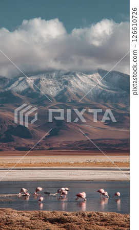 Flamingos Walking in Shallow Water With Snow-Capped Mountains in the Background Flamingos Walking in Shallow Water With Snow-Capped Mountains in the Background 126610726