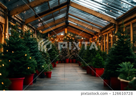 Holiday Greenhouse Filled With Potted Christmas Trees and Warm String Lights in the Evening 126610728