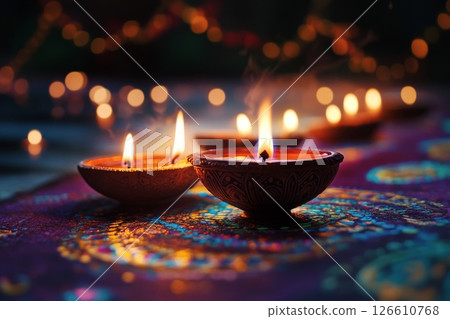 Festival of Lights Celebration With Traditional Lamps Illuminated at Night Festival of Lights Celebration With Traditional Lamps Illuminated at Night 126610768