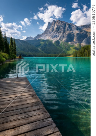 Scenic Lake View With Mountains and Wooden Pier Under a Blue Sky in Summer 126610773