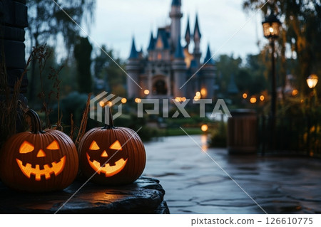 Spooky Pumpkins Glowing in Front of a Fairy Tale Castle During Halloween Evening 126610775