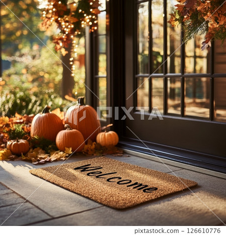 Warm Autumn Entrance With Pumpkins and Welcome Mat Near Cozy Home 126610776