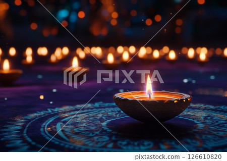 Festival of Lights Celebration With Traditional Lamps Illuminated at Night 126610820