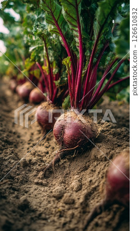Freshly Harvested Beets Lined up in Fertile Soil in a Vibrant Garden During a Sunny Day 126610832