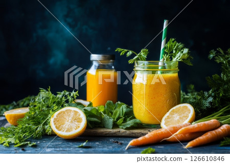 Refreshing Carrot and Lemon Drink With Vibrant Greens on a Dark Background 126610846