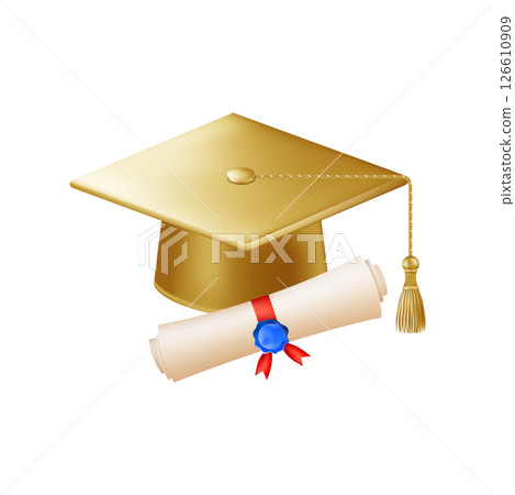 3d diploma scroll with graduate hat. Vintage roll paper 126610909