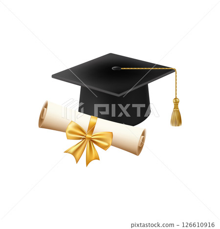 3d diploma scroll with graduate hat. Vintage roll paper 126610916