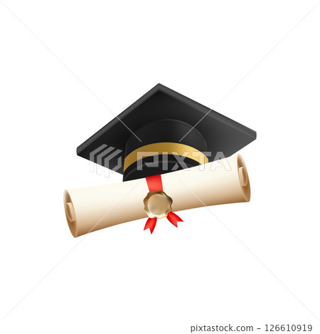 3d diploma scroll with graduate hat. Vintage roll paper 126610919