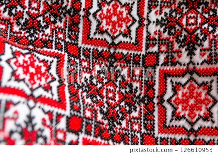 Intricate Red and Black Eastern European Embroidered Textile. Intricate Red and Black Eastern European Embroidered Textile. 126610953