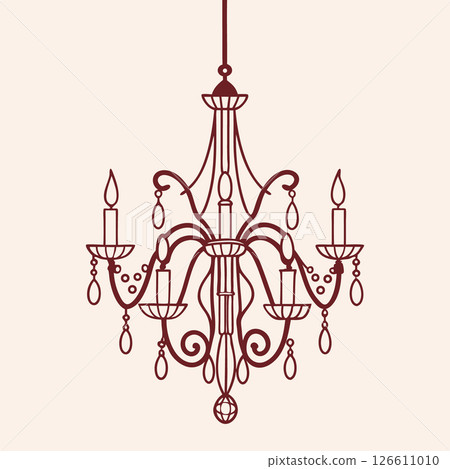 Vintage Chandelier. Hand drawn illustration of antique crystal chandelier. Sketch drawing  of antique lighting equipment. 126611010