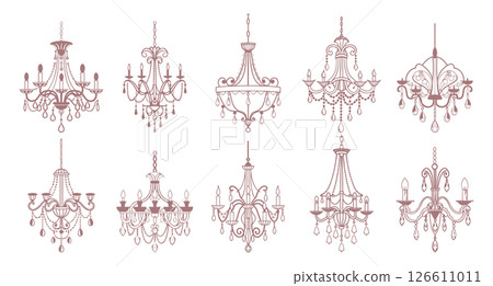 Collection of various pink chandeliers. Hand drawn illustration of antique crystal chandeliers. Sketch drawing. 126611011