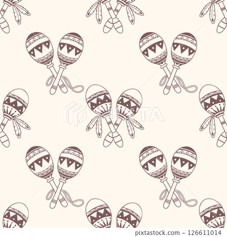 Hand drawn seamless pattern of maracas musical instrument. Latin American mexican maracas background. Sketch. Hand drawn seamless pattern of maracas musical instrument. Latin American mexican maracas background. Sketch. 126611014