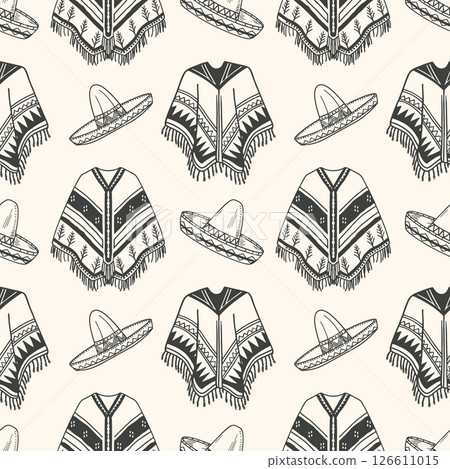 Hand drawn Mexican Ponchos and Sombreros pattern. Latin american clothing background. Spanish ethnic woolen clothes. Sketch. 126611015