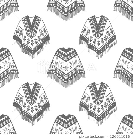 Hand drawn ponchos pattern. Latin american clothing background. Spanish ethnic woolen clothes. Sketch. Hand drawn ponchos pattern. Latin american clothing background. Spanish ethnic woolen clothes. Sketch. 126611016
