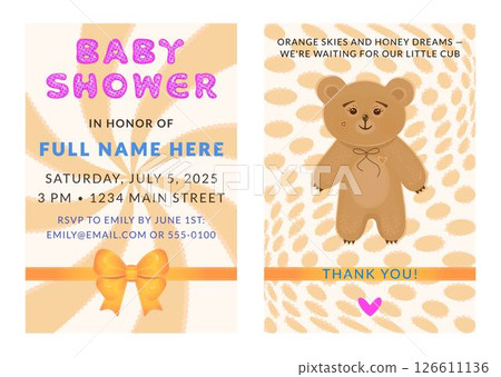 Two-sided orange baby shower template, front and back side. Invitation with bubble font title, text example of filling in data and orange bow, and thank you card with a ginger bear Two-sided orange baby shower template, front and back side. Invitation with bubble font title, text example of filling in data and orange bow, and thank you card with a ginger bear 126611136