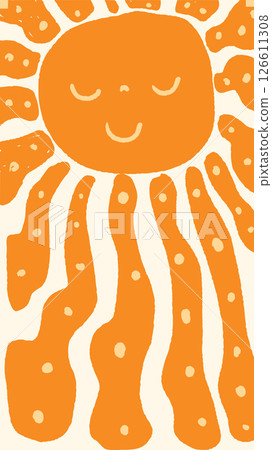 Cute Retro Vector Childish Sun Illustration with Face Closed Eyes and Smile, Summer Boho Background for Holiday Brochures and Designs 126611308