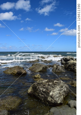 長著奇石的岩石海岸的莊內海岸的岩石景觀 126611390