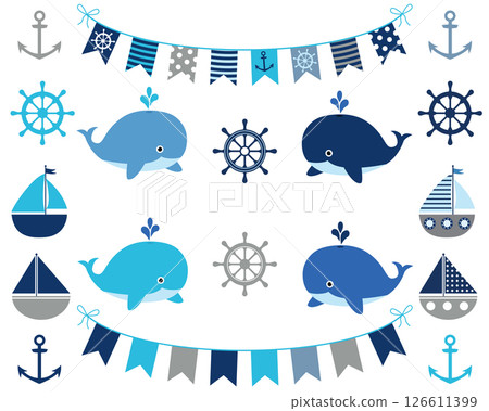Nautical boy design elements in blue and grey - boat, whale, bunting, wheel, anchor 126611399