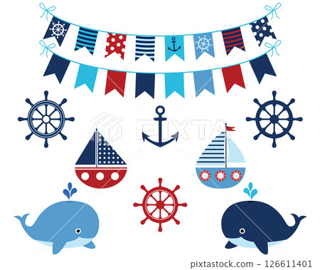 Nautical navy blue and red collection of whales, boats, buntings, anchor, wheels. Marine and ocean theme design elements set for baby showers, birthdays, invitations. 126611401