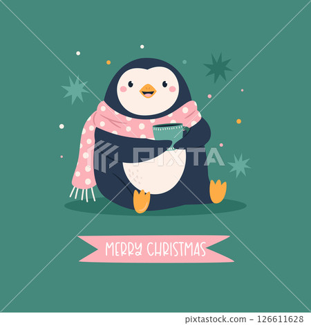 Cute Christmas Penguin Illustration. Cozy Winter Holiday Art with Mug and Scarf 126611628