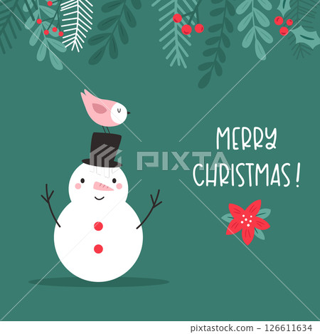 Cute Hand Drawn Christmas Card with Funny snowman and Little Bird 126611634