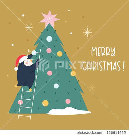 Cute Hand Drawn Christmas Card with Funny Penguin Decorating Christmas Tree 126611635