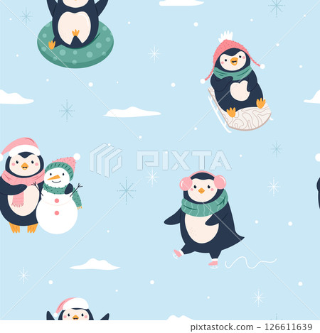 Cute Christmas Pattern with Penguins in Santa Hats, Scarfs Having Fun in Winter 126611639