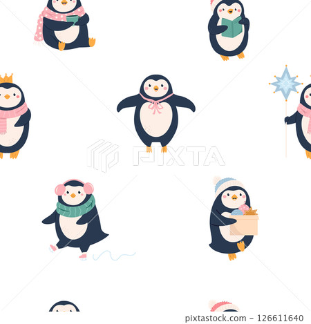 Cute Christmas Penguin Pattern with Santa Hats, Gifts, and Holiday Decorations Cute Christmas Penguin Pattern with Santa Hats, Gifts, and Holiday Decorations 126611640