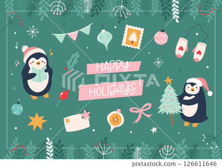 Cute Penguin Christmas Card. Happy Holidays Illustration with Winter Decorations Cute Penguin Christmas Card. Happy Holidays Illustration with Winter Decorations 126611646