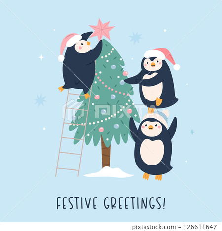 Cute Hand Drawn Christmas Card with Funny Penguins Decorating Christmas Tree Cute Hand Drawn Christmas Card with Funny Penguins Decorating Christmas Tree 126611647
