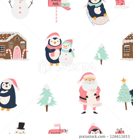 Cute Christmas Penguin Seamless Pattern with Santa, Snowman, Christmas Trees and Gingerbread Houses 126611653
