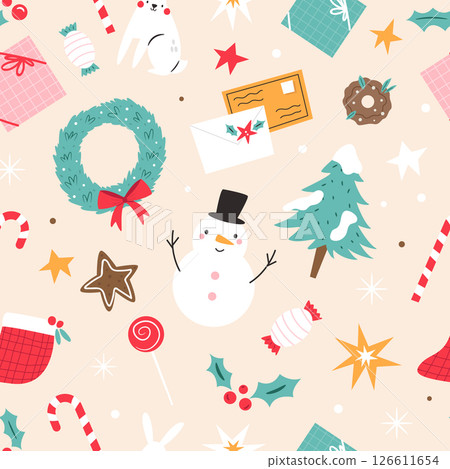 Cute Christmas Seamless Pattern with Gifts, Snowman and Holiday Decorations Cute Christmas Seamless Pattern with Gifts, Snowman and Holiday Decorations 126611654