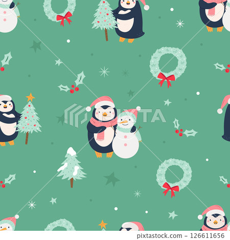 Cute Christmas Pattern with Penguins Decorating Christmas Trees and Snowman Cute Christmas Pattern with Penguins Decorating Christmas Trees and Snowman 126611656