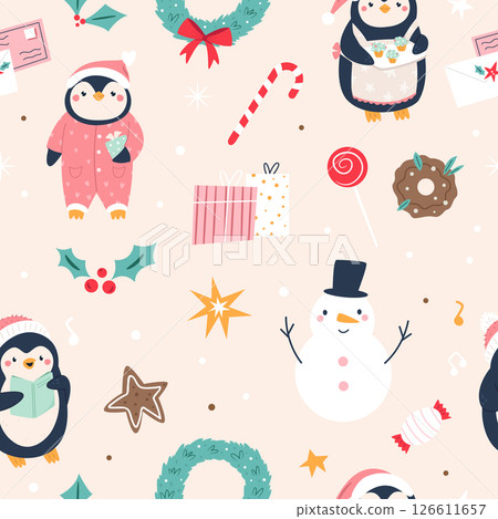 Cute Christmas Penguin Seamless Pattern with Gifts, Snowman, and Holiday Decorations Cute Christmas Penguin Seamless Pattern with Gifts, Snowman, and Holiday Decorations 126611657