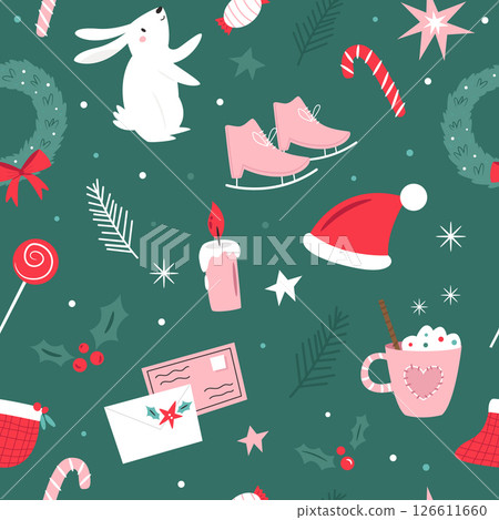 Cute Christmas Seamless Pattern with Holiday Decorations Candles, Mails, Santa Hats, Candy 126611660