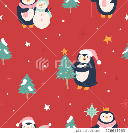Cute Christmas Pattern with Penguins, Christmas Trees and Snowman Cute Christmas Pattern with Penguins, Christmas Trees and Snowman 126611663