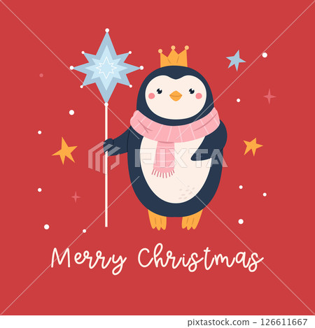 Cute Hand Drawn Christmas Card with Funny Caroler Penguin 126611667