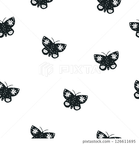 Seamless vector pattern with cute hand-drawn butterfly in a folk art style. 126611695