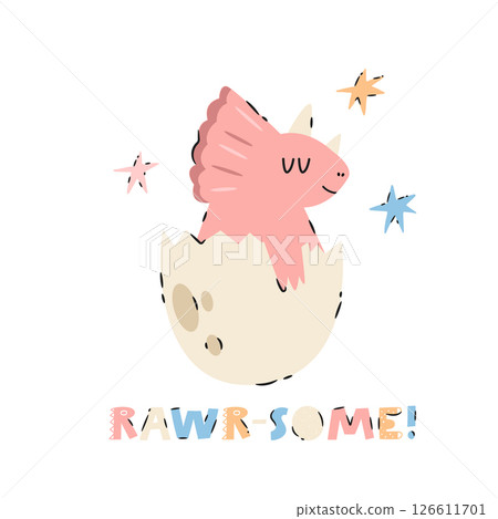 Adorable cartoon baby dinosaur hatching from an egg with colorful stars and playful text. 126611701