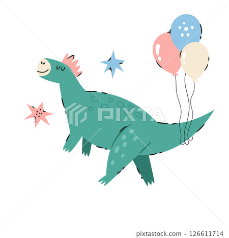 Funny cartoon dinosaur with colorful balloons in hand drawn playful style Funny cartoon dinosaur with colorful balloons in hand drawn playful style 126611714