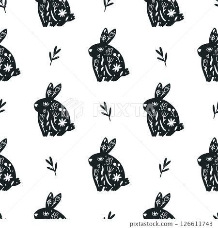 Seamless vector pattern with cute hand-drawn rabbits and flowers in a folk art style. 126611743