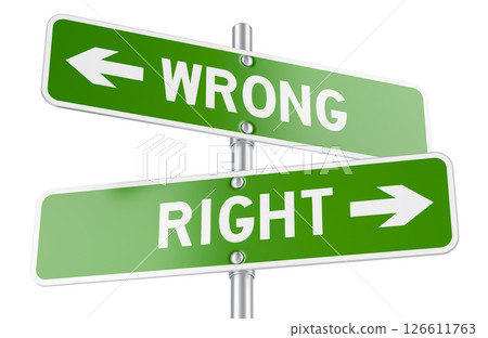 Directional Signpost with Right and Wrong Arrows in Opposite Directions. 3D Rendering Directional Signpost with Right and Wrong Arrows in Opposite Directions. 3D Rendering 126611763