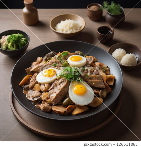 豐盛的煎蛋和肉拼盤 126611863