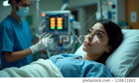 A Latina woman lies in an ICU bed, recovering post-surgery. A nurse in scrubs and gloves stands nearby, monitoring equipment and attending to her care. 126611881