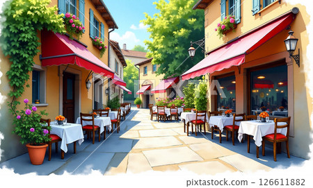 A quaint street cafe in a small European village features colorful flowers and inviting tables. Patrons enjoy their meals outside under sunny skies, relishing the vibrant atmosphere. 126611882
